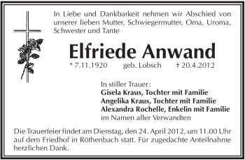 Traueranzeige von Elfriede Anwand von Pegnitz-Zeitung